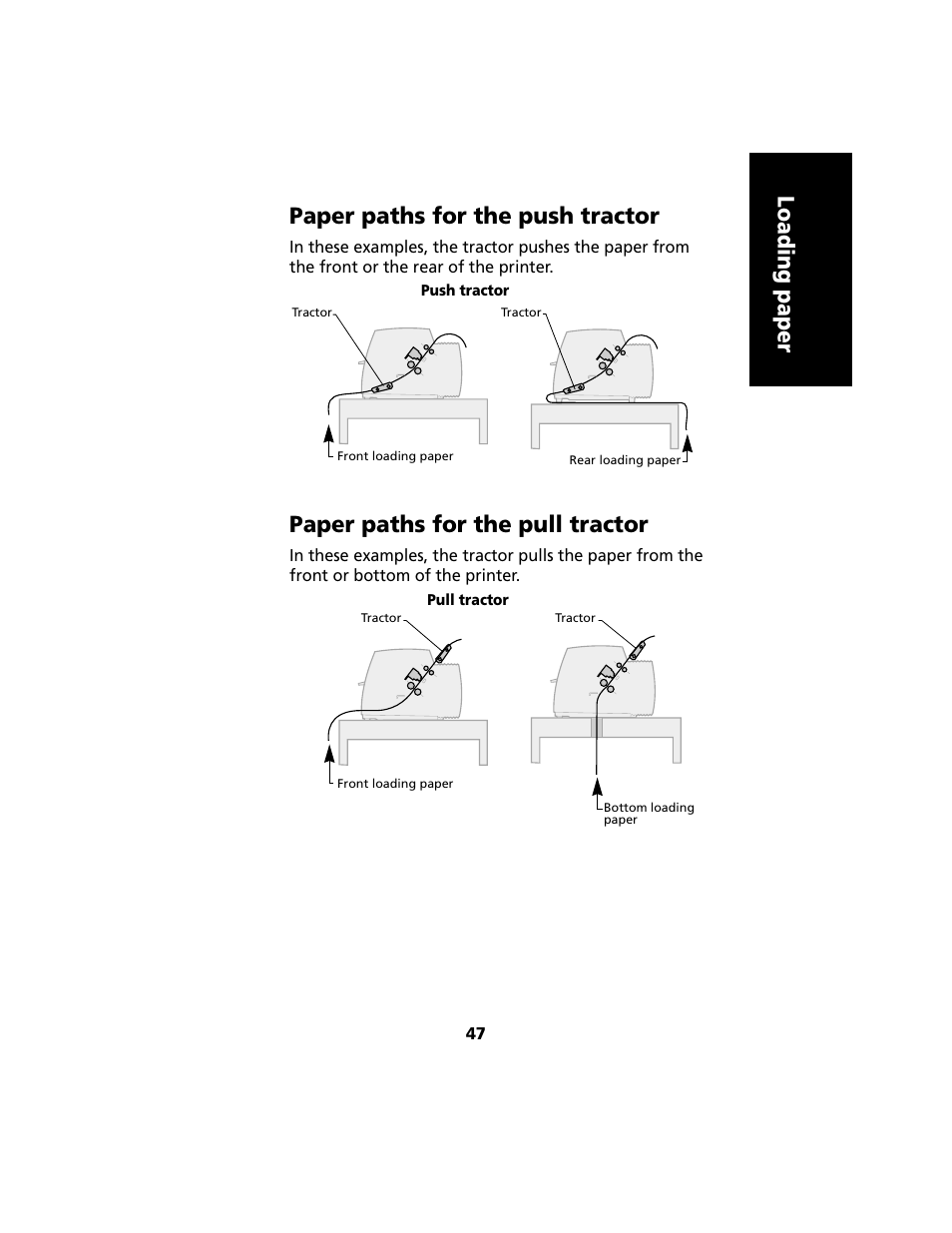 Paper paths for the push tractor, Paper paths for the pull tractor, Loading paper paper paths for the push tractor | Lexmark 2480 User Manual | Page 51 / 168