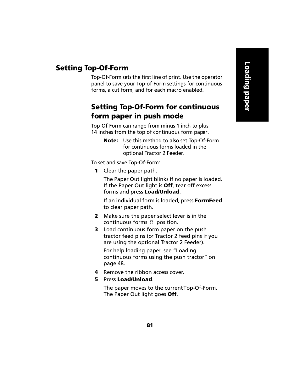 Setting top-of-form, Loading paper setting top-of-form | Lexmark 2480 User Manual | Page 85 / 168