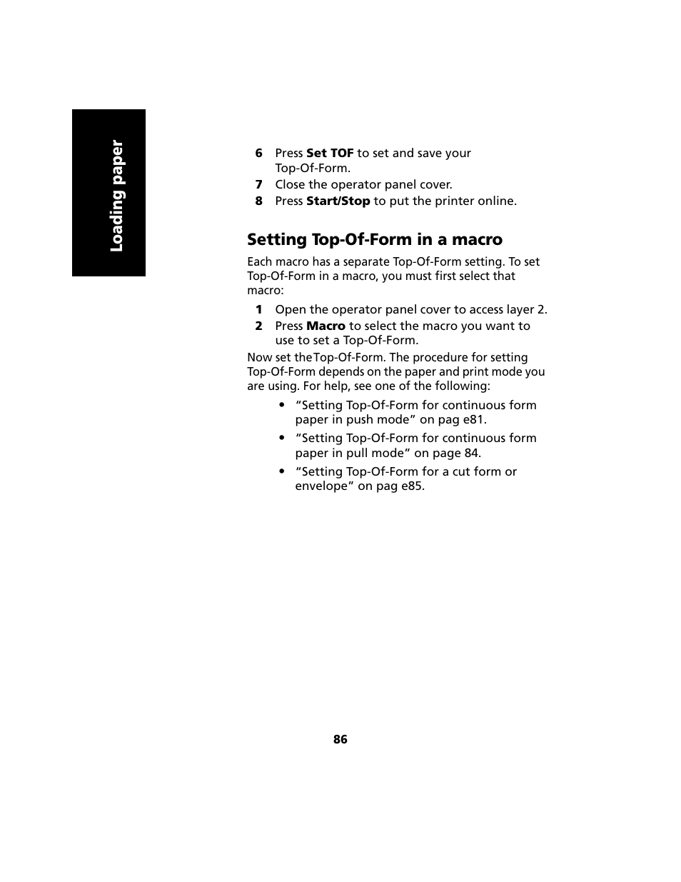 Setting top-of-form in a macro, Loading paper | Lexmark 2480 User Manual | Page 90 / 168
