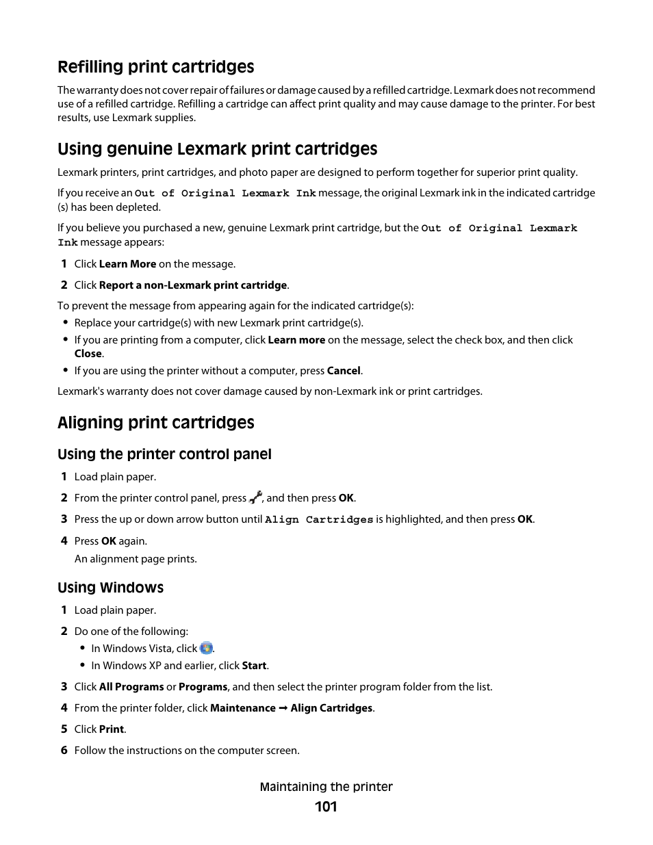 Refilling print cartridges, Using genuine lexmark print cartridges, Aligning print cartridges | Lexmark 4900 Series User Manual | Page 101 / 149