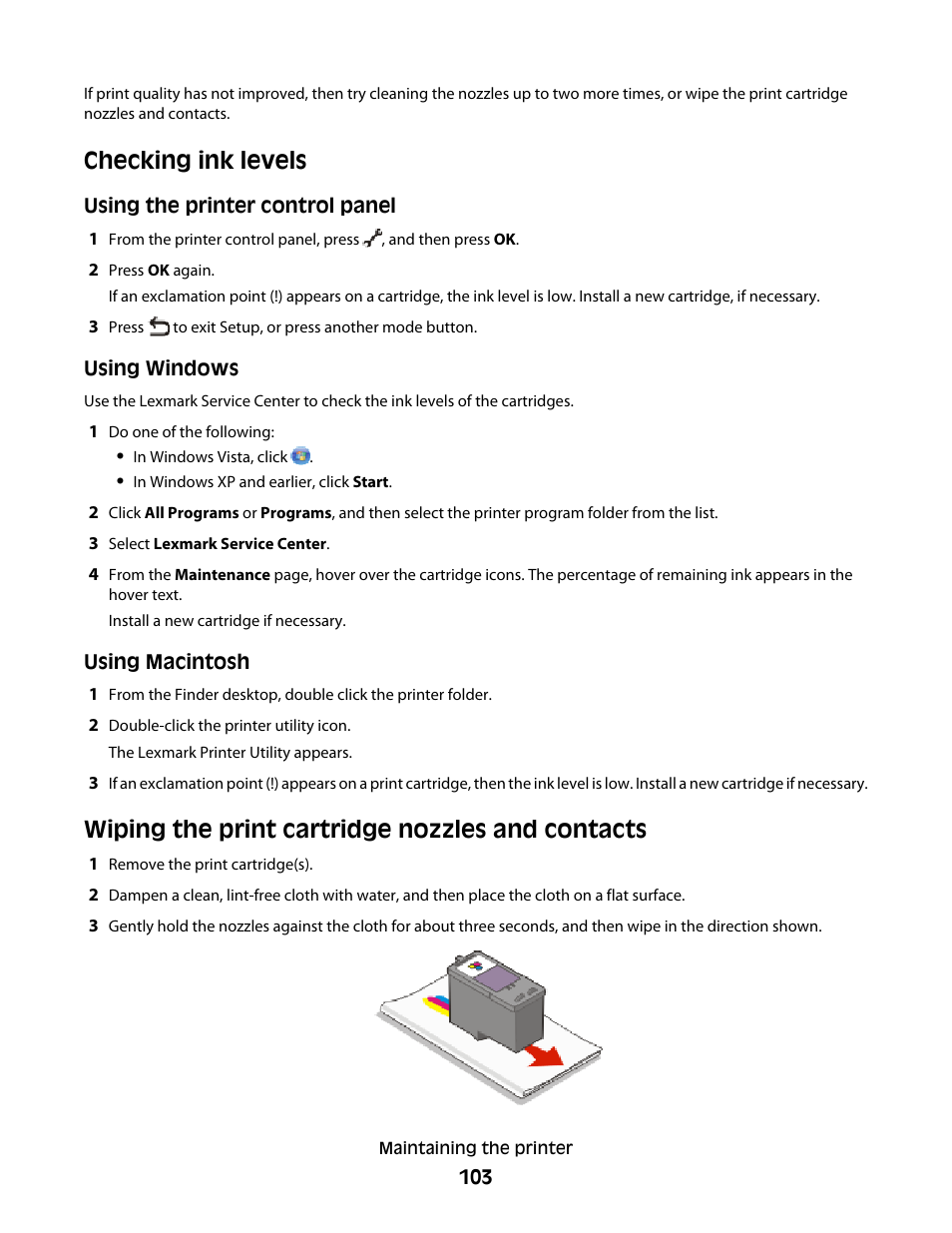 Checking ink levels, Wiping the print cartridge nozzles and contacts | Lexmark 4900 Series User Manual | Page 103 / 149