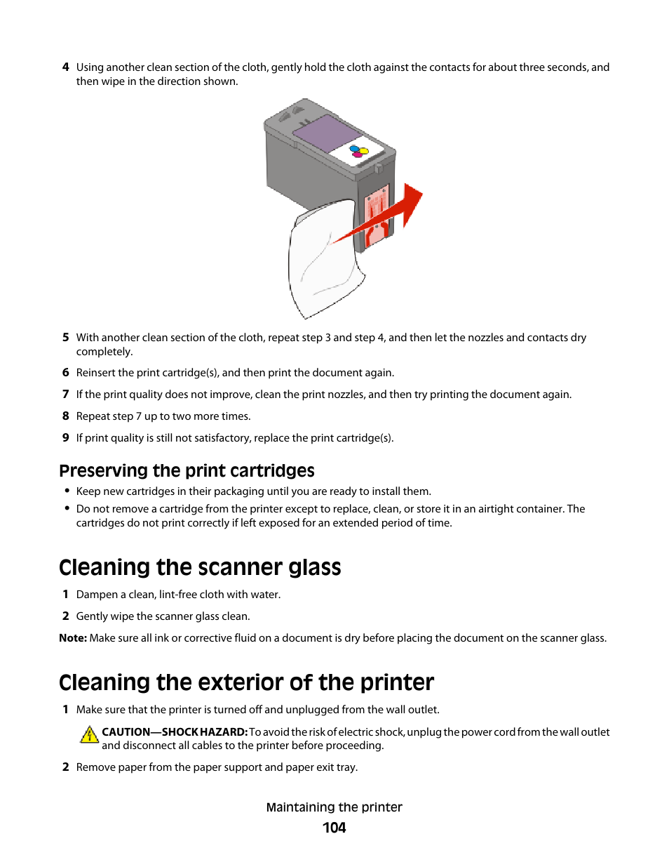 Preserving the print cartridges, Cleaning the scanner glass, Cleaning the exterior of the printer | Lexmark 4900 Series User Manual | Page 104 / 149