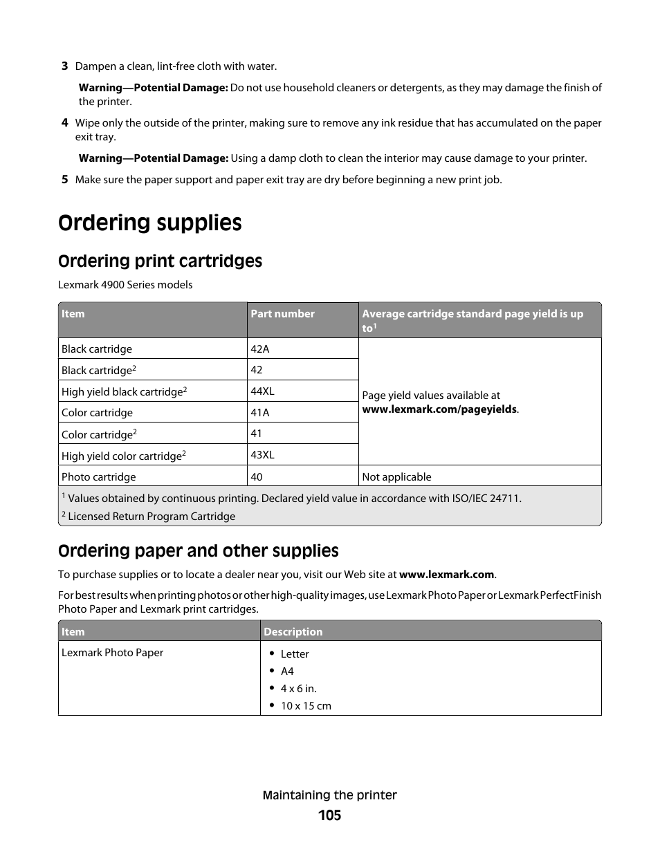 Ordering supplies, Ordering print cartridges, Ordering paper and other supplies | Lexmark 4900 Series User Manual | Page 105 / 149