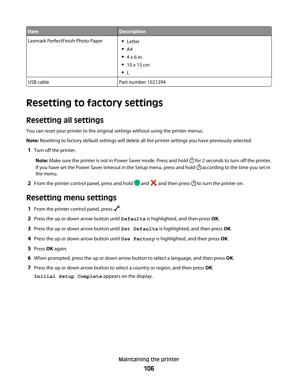 Resetting to factory settings, Resetting all settings, Resetting menu settings | Lexmark 4900 Series User Manual | Page 106 / 149