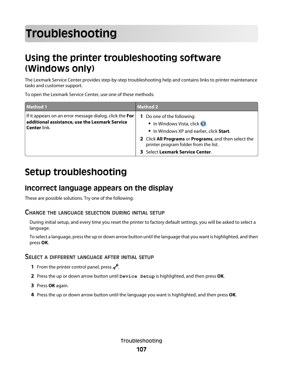 Troubleshooting, Setup troubleshooting, Incorrect language appears on the display | Lexmark 4900 Series User Manual | Page 107 / 149