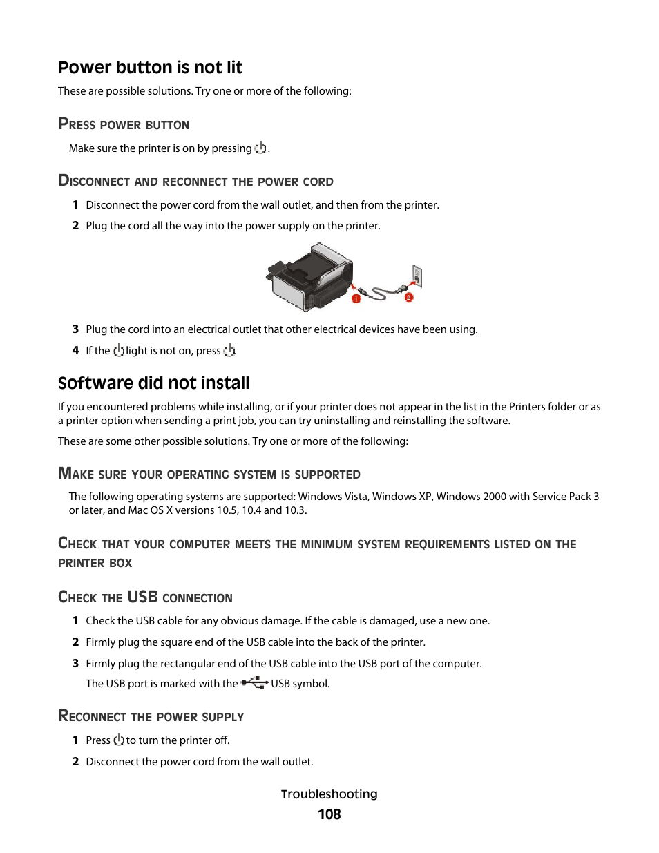 Power button is not lit, Software did not install, Power button is not lit software did not install | Lexmark 4900 Series User Manual | Page 108 / 149
