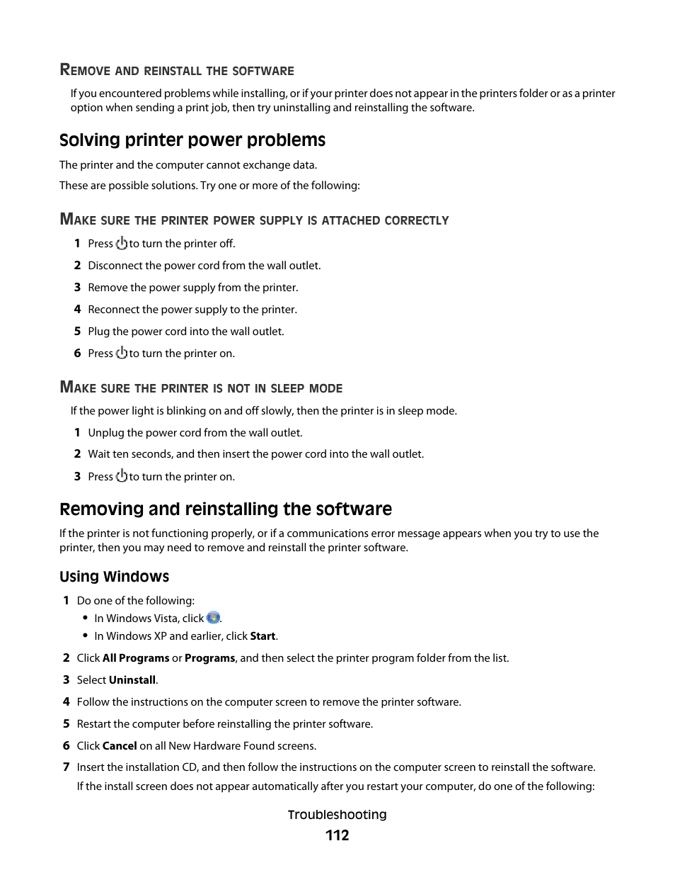 Solving printer power problems, Removing and reinstalling the software | Lexmark 4900 Series User Manual | Page 112 / 149