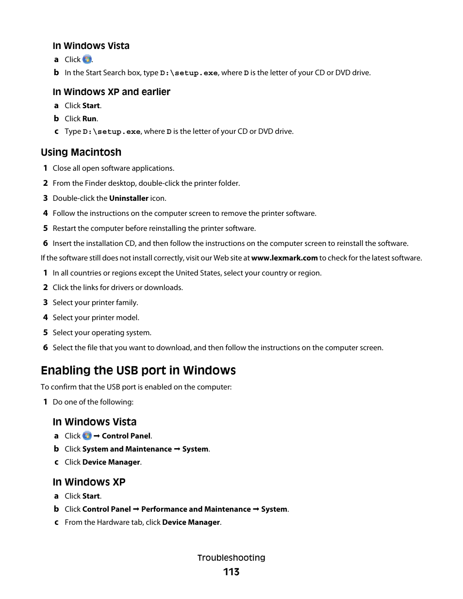 Enabling the usb port in windows | Lexmark 4900 Series User Manual | Page 113 / 149