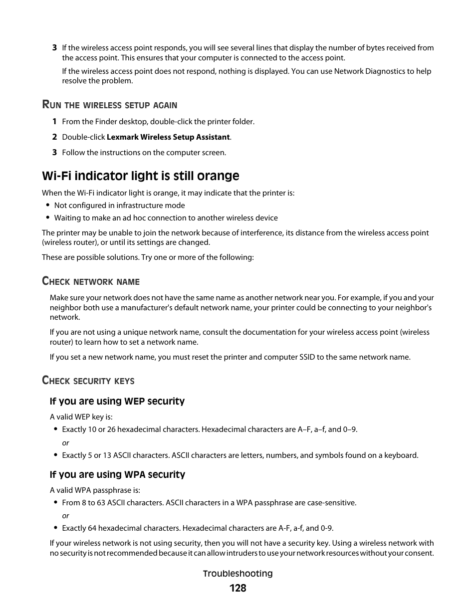 Wi-fi indicator light is still orange | Lexmark 4900 Series User Manual | Page 128 / 149