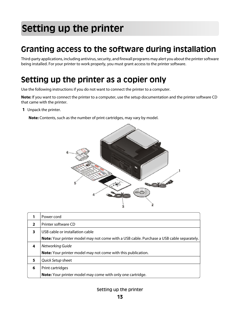 Setting up the printer, Setting up the printer as a copier only | Lexmark 4900 Series User Manual | Page 13 / 149