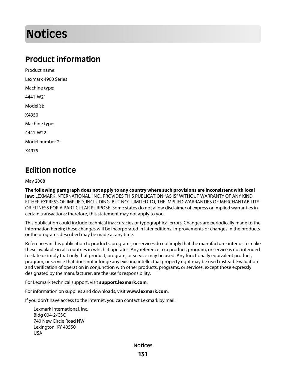 Notices, Product information, Edition notice | Product information edition notice | Lexmark 4900 Series User Manual | Page 131 / 149
