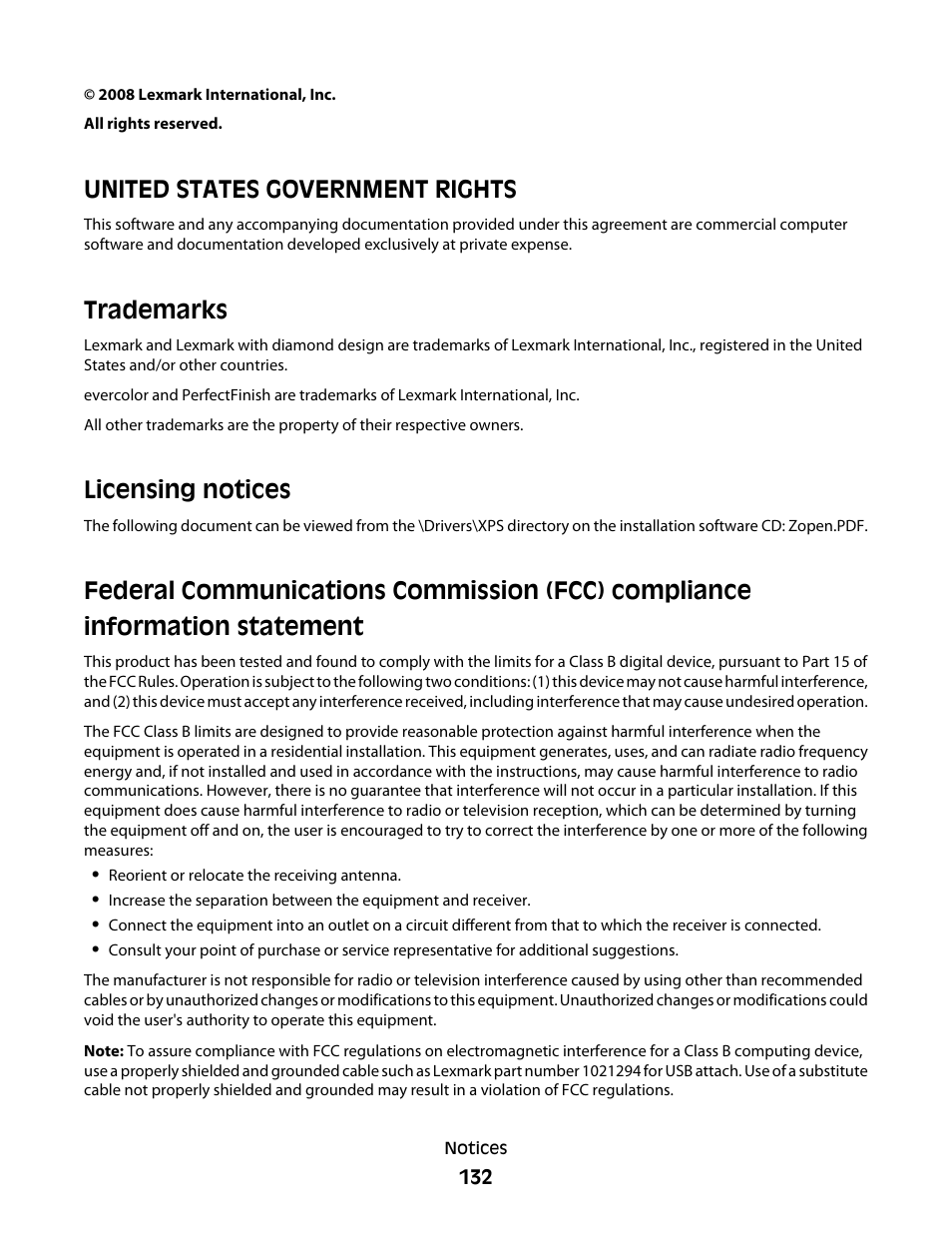United states government rights, Trademarks, Licensing notices | Lexmark 4900 Series User Manual | Page 132 / 149