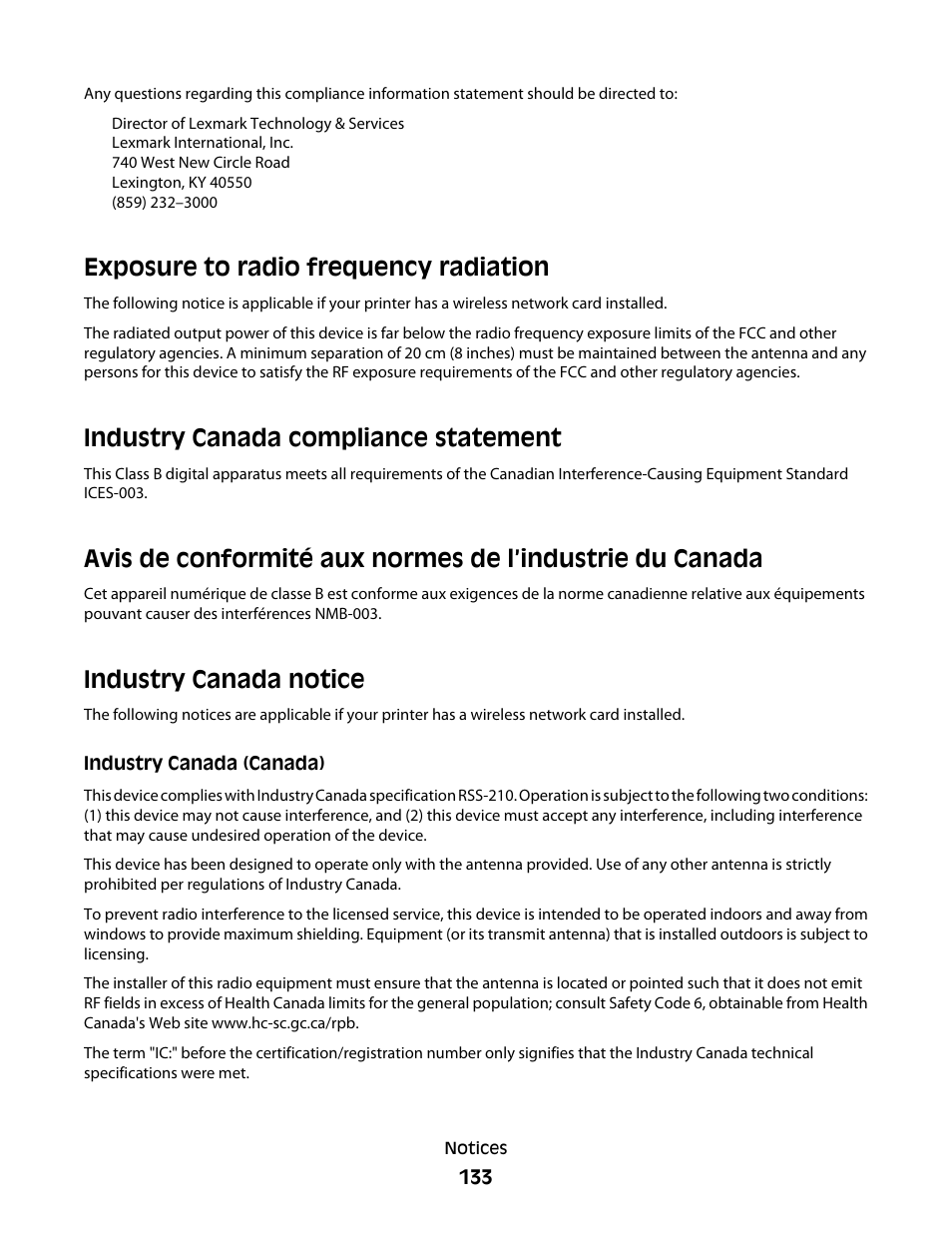 Exposure to radio frequency radiation, Industry canada notice, Industry canada compliance statement | Lexmark 4900 Series User Manual | Page 133 / 149