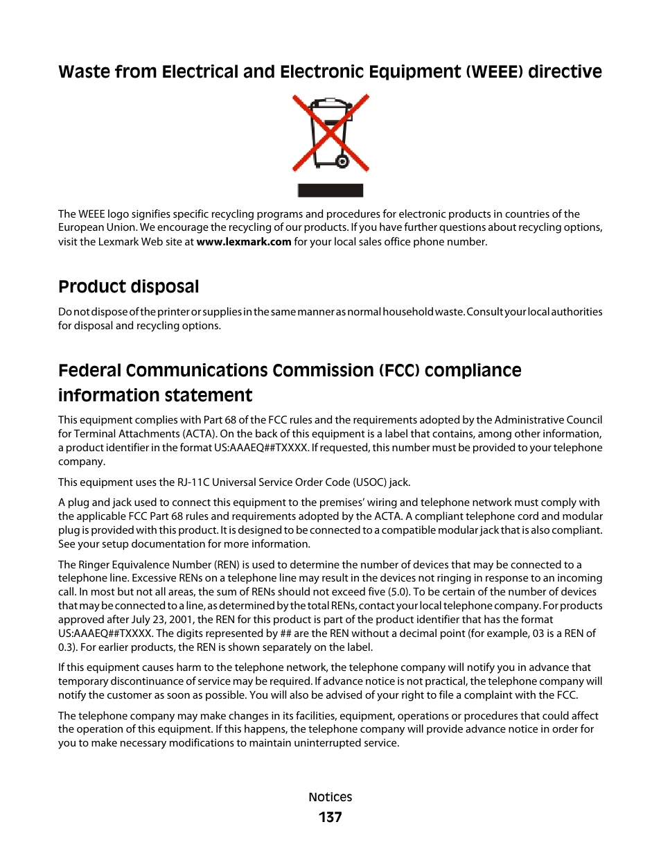 Product disposal | Lexmark 4900 Series User Manual | Page 137 / 149