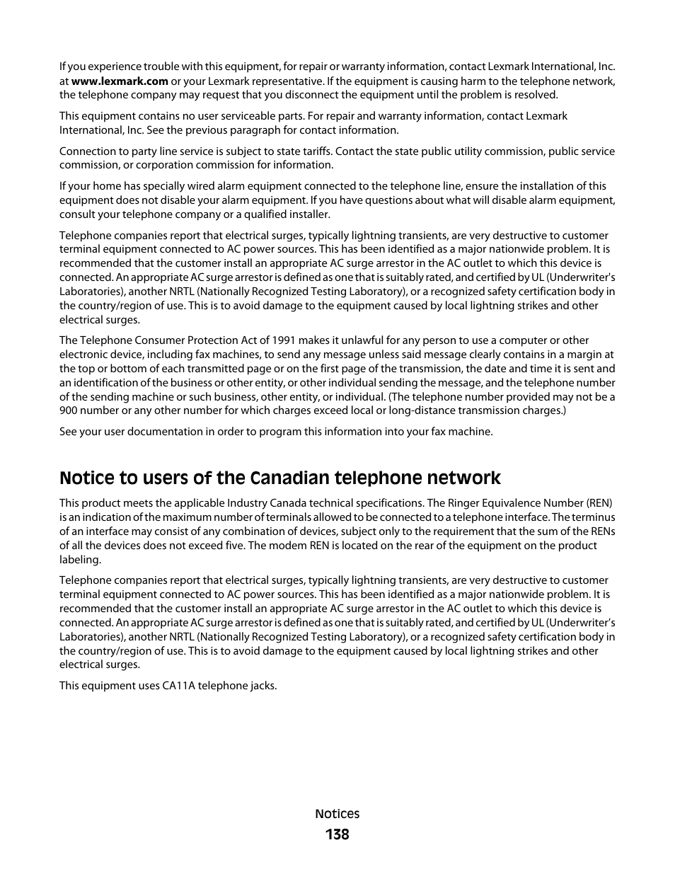 Notice to users of the canadian telephone network | Lexmark 4900 Series User Manual | Page 138 / 149