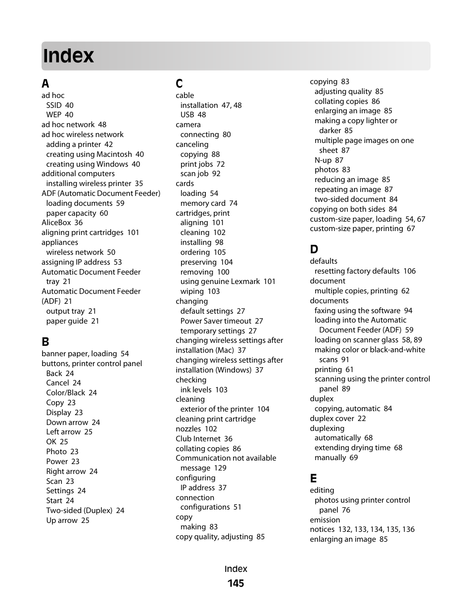 Index | Lexmark 4900 Series User Manual | Page 145 / 149
