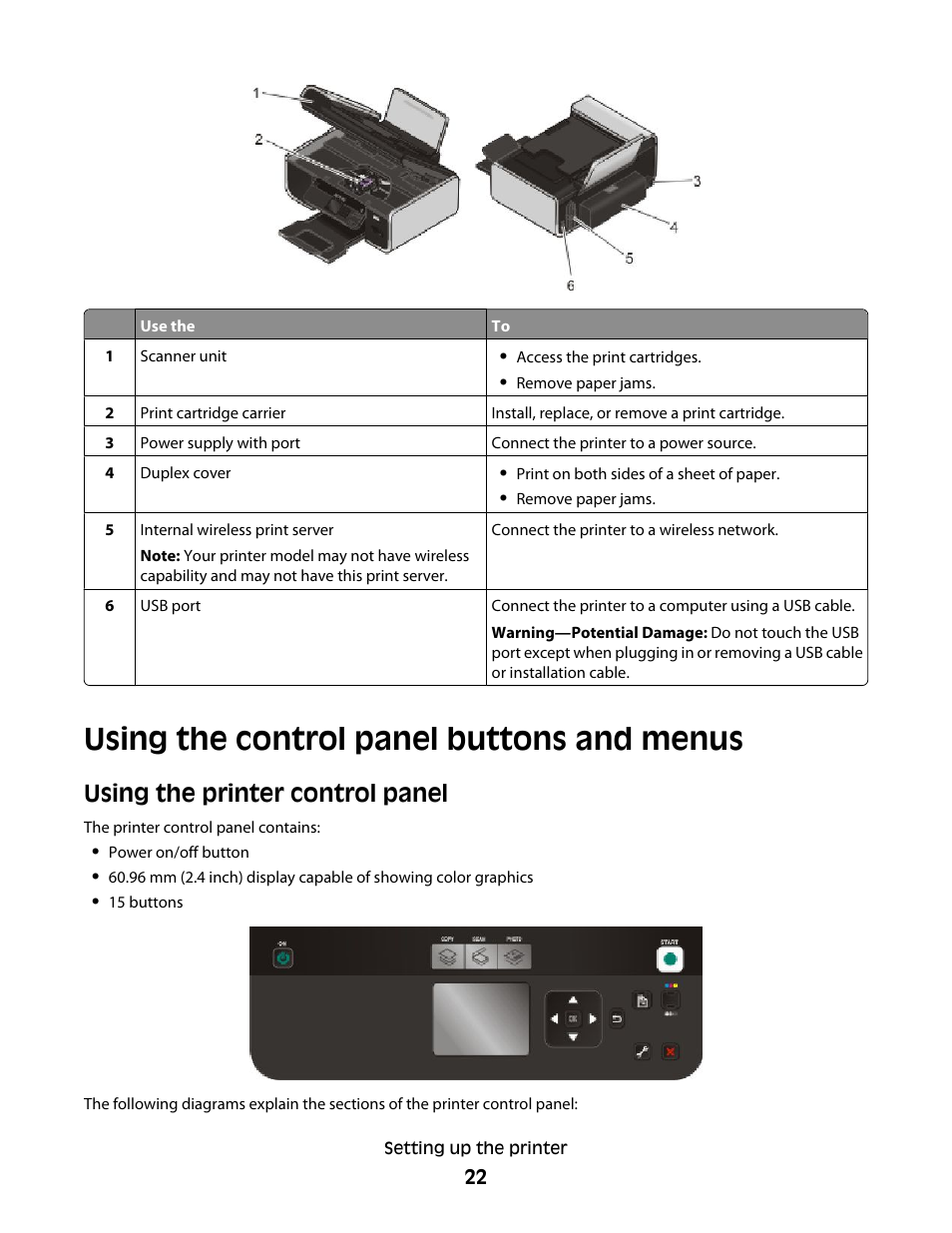 Using the control panel buttons and menus, Using the printer control panel | Lexmark 4900 Series User Manual | Page 22 / 149