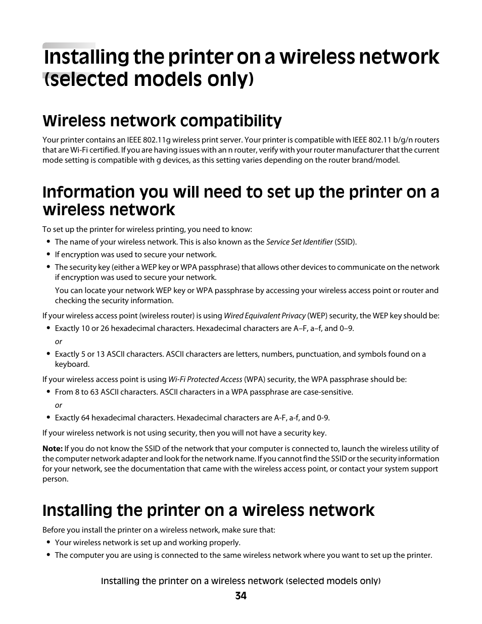 Wireless network compatibility, Installing the printer on a wireless network, Models only) | Lexmark 4900 Series User Manual | Page 34 / 149