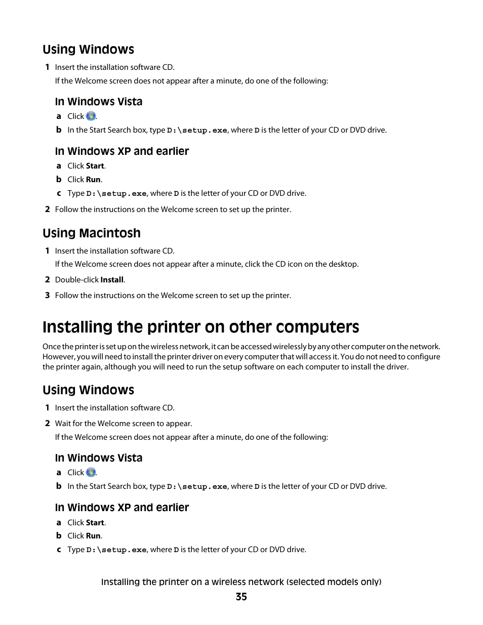Installing the printer on other computers, Using windows, Using macintosh | Lexmark 4900 Series User Manual | Page 35 / 149