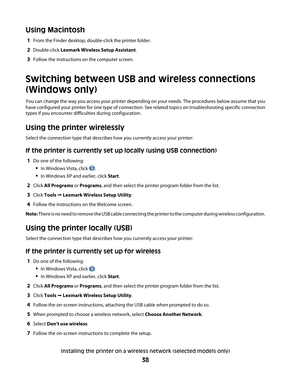 Using macintosh, Using the printer wirelessly, Using the printer locally (usb) | Lexmark 4900 Series User Manual | Page 38 / 149