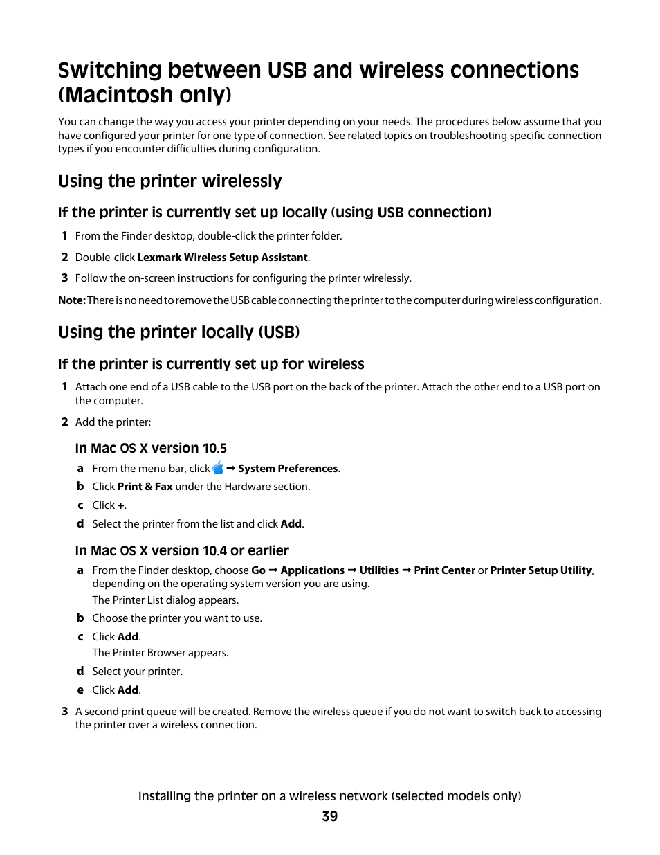 Using the printer wirelessly, Using the printer locally (usb) | Lexmark 4900 Series User Manual | Page 39 / 149