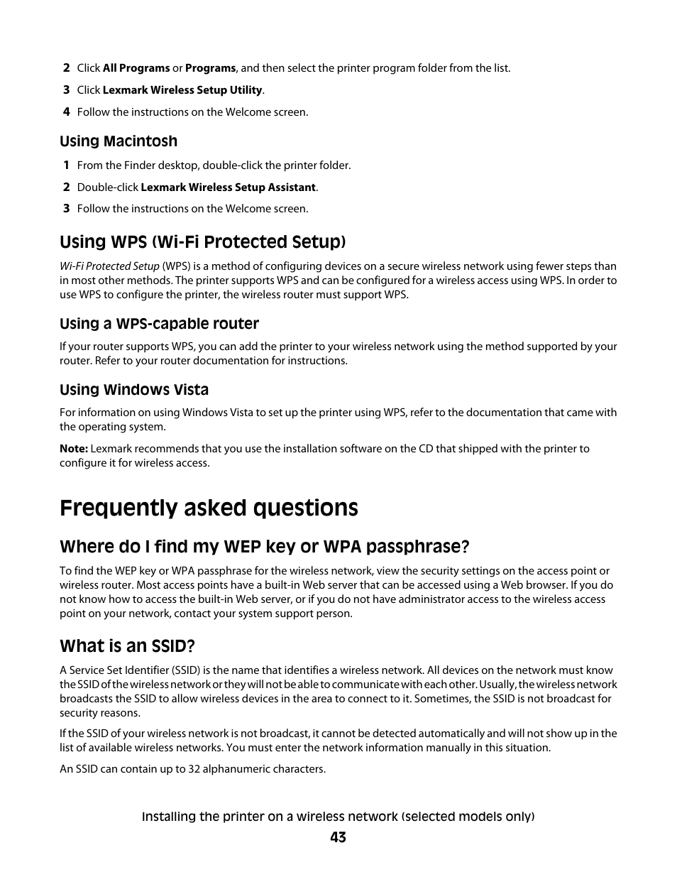 Using wps (wi-fi protected setup), Frequently asked questions, Where do i find my wep key or wpa passphrase | What is an ssid | Lexmark 4900 Series User Manual | Page 43 / 149