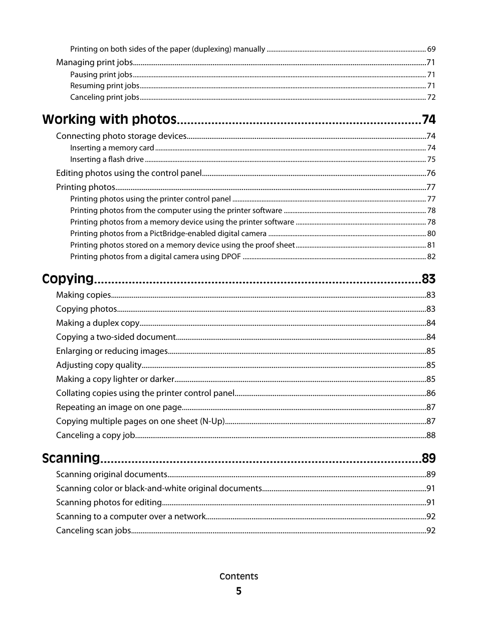Working with photos, Copying, Scanning | Lexmark 4900 Series User Manual | Page 5 / 149