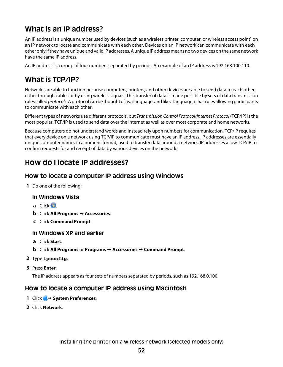 What is an ip address, What is tcp/ip, How do i locate ip addresses | Lexmark 4900 Series User Manual | Page 52 / 149