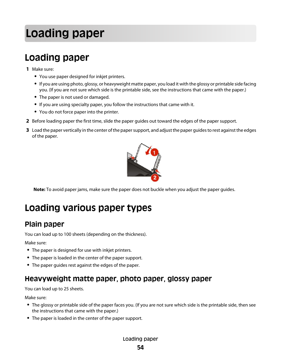 Loading paper, Loading various paper types, Loading paper loading various paper types | Plain paper, Heavyweight matte paper, photo paper, glossy paper | Lexmark 4900 Series User Manual | Page 54 / 149