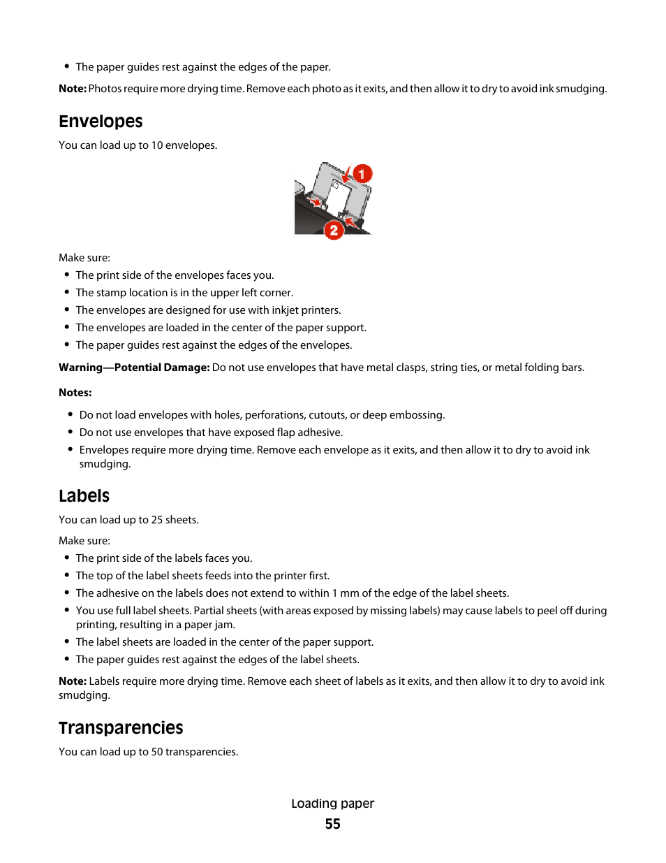 Envelopes, Labels, Transparencies | Lexmark 4900 Series User Manual | Page 55 / 149