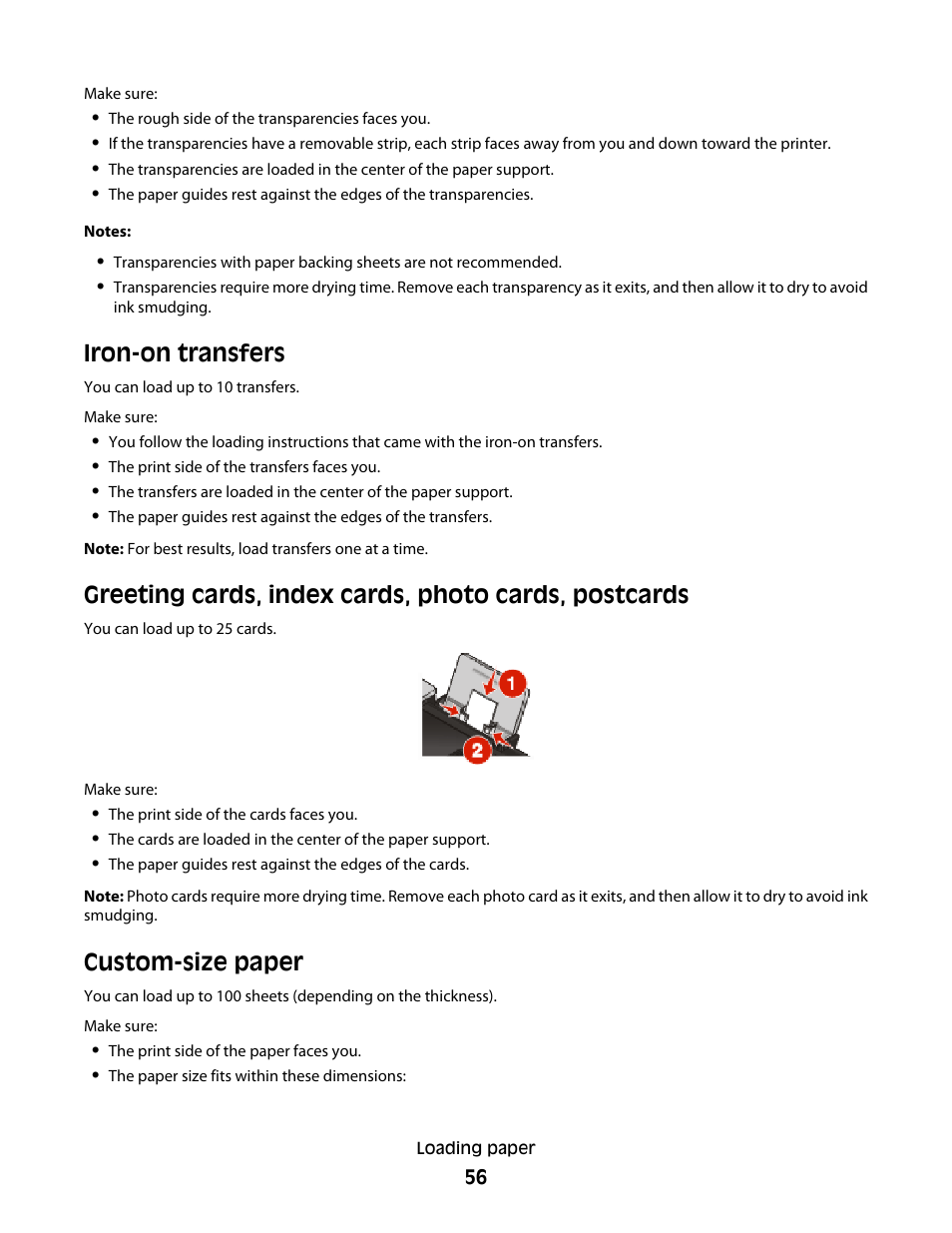 Iron-on transfers, Custom-size paper | Lexmark 4900 Series User Manual | Page 56 / 149