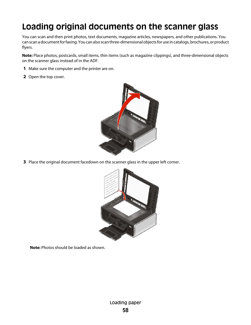 Loading original documents on the scanner glass | Lexmark 4900 Series User Manual | Page 58 / 149