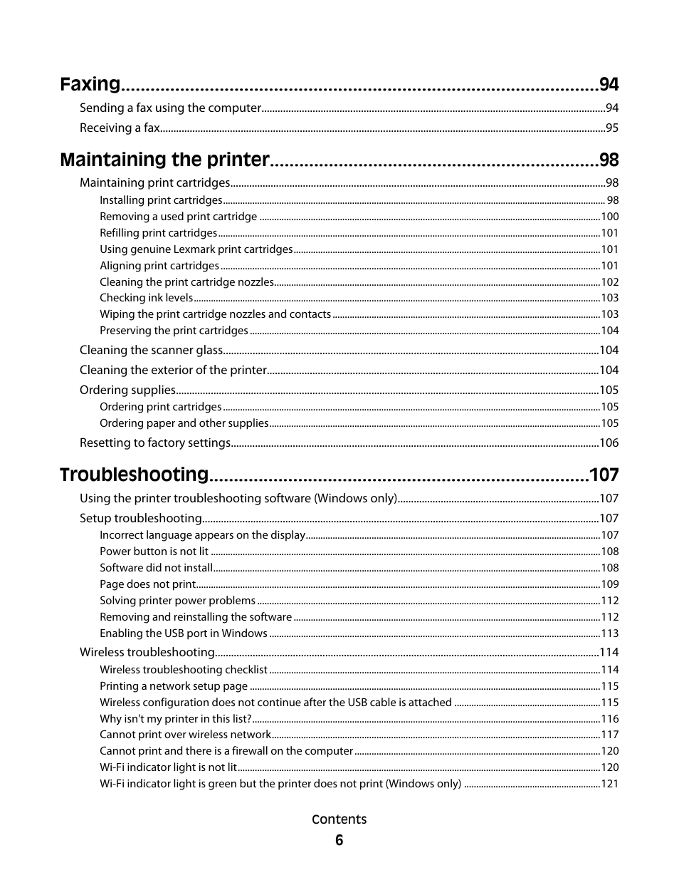 Faxing, Maintaining the printer, Troubleshooting | Lexmark 4900 Series User Manual | Page 6 / 149