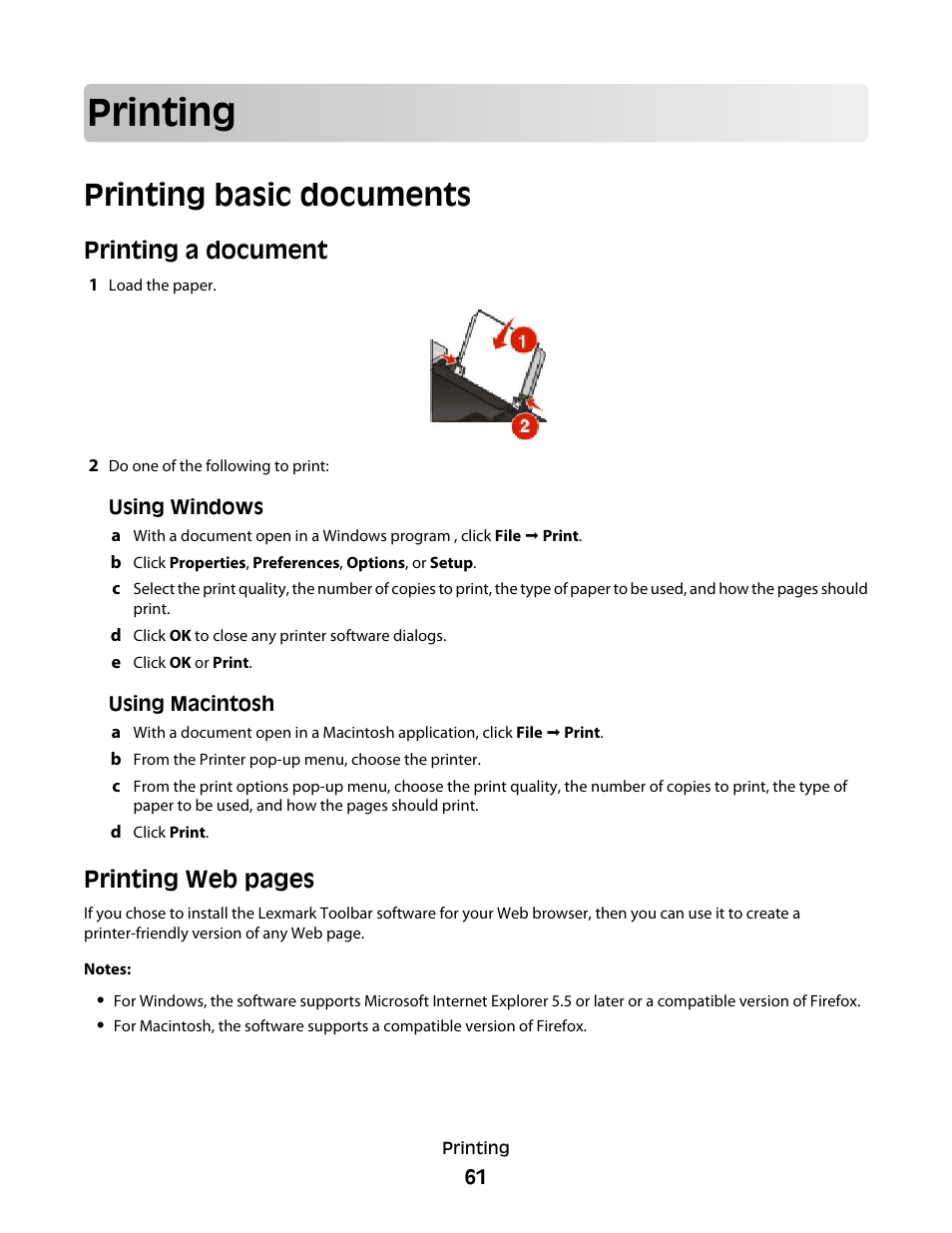 Printing, Printing basic documents, Printing a document | Printing web pages | Lexmark 4900 Series User Manual | Page 61 / 149