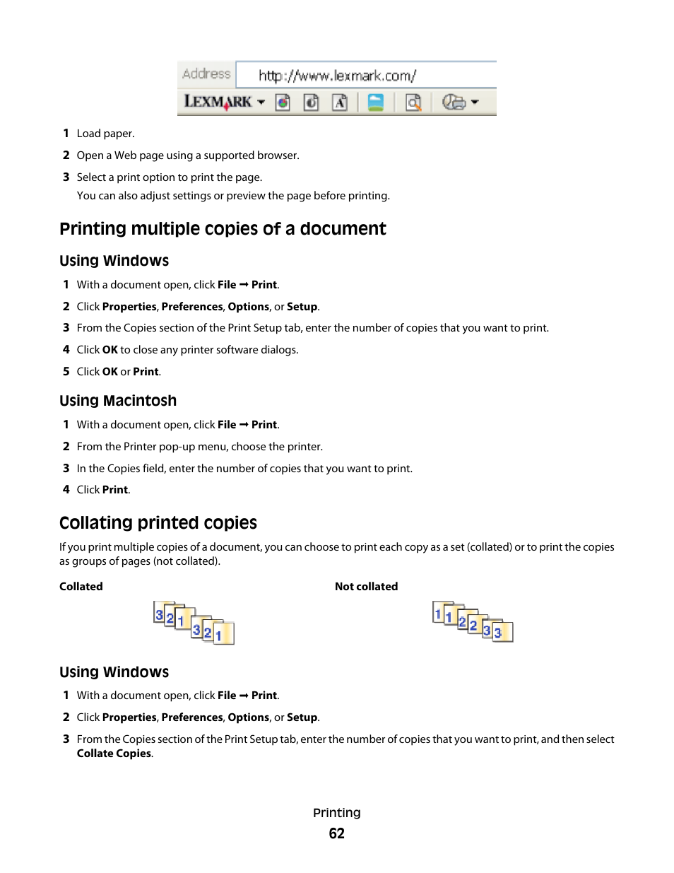 Printing multiple copies of a document, Collating printed copies | Lexmark 4900 Series User Manual | Page 62 / 149