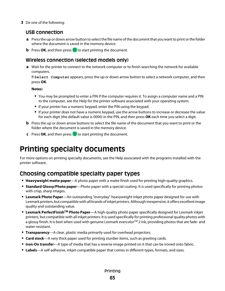 Printing specialty documents, Choosing compatible specialty paper types | Lexmark 4900 Series User Manual | Page 65 / 149