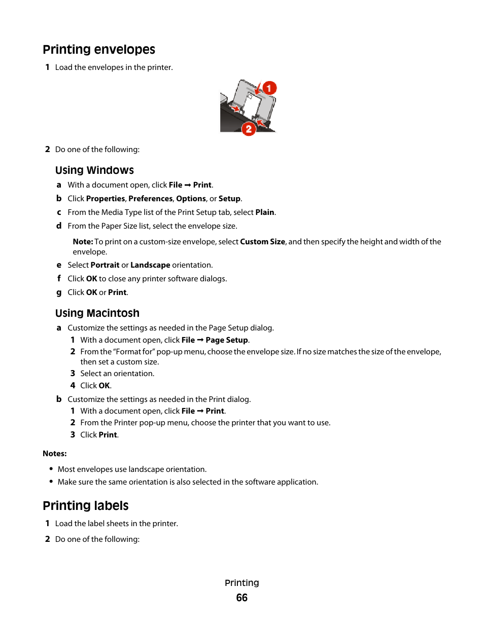 Printing envelopes, Printing labels, Printing envelopes printing labels | Lexmark 4900 Series User Manual | Page 66 / 149