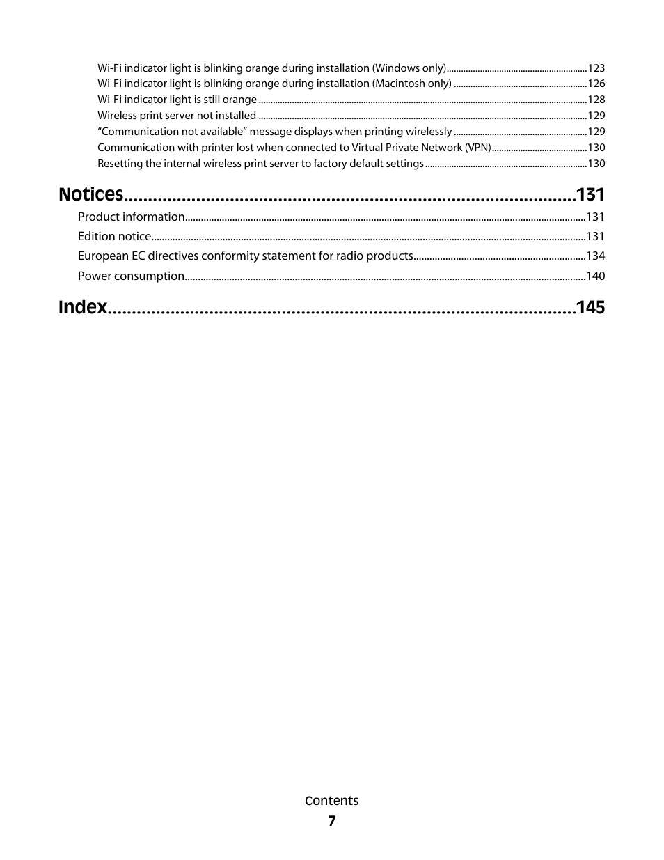 Notices, Index | Lexmark 4900 Series User Manual | Page 7 / 149