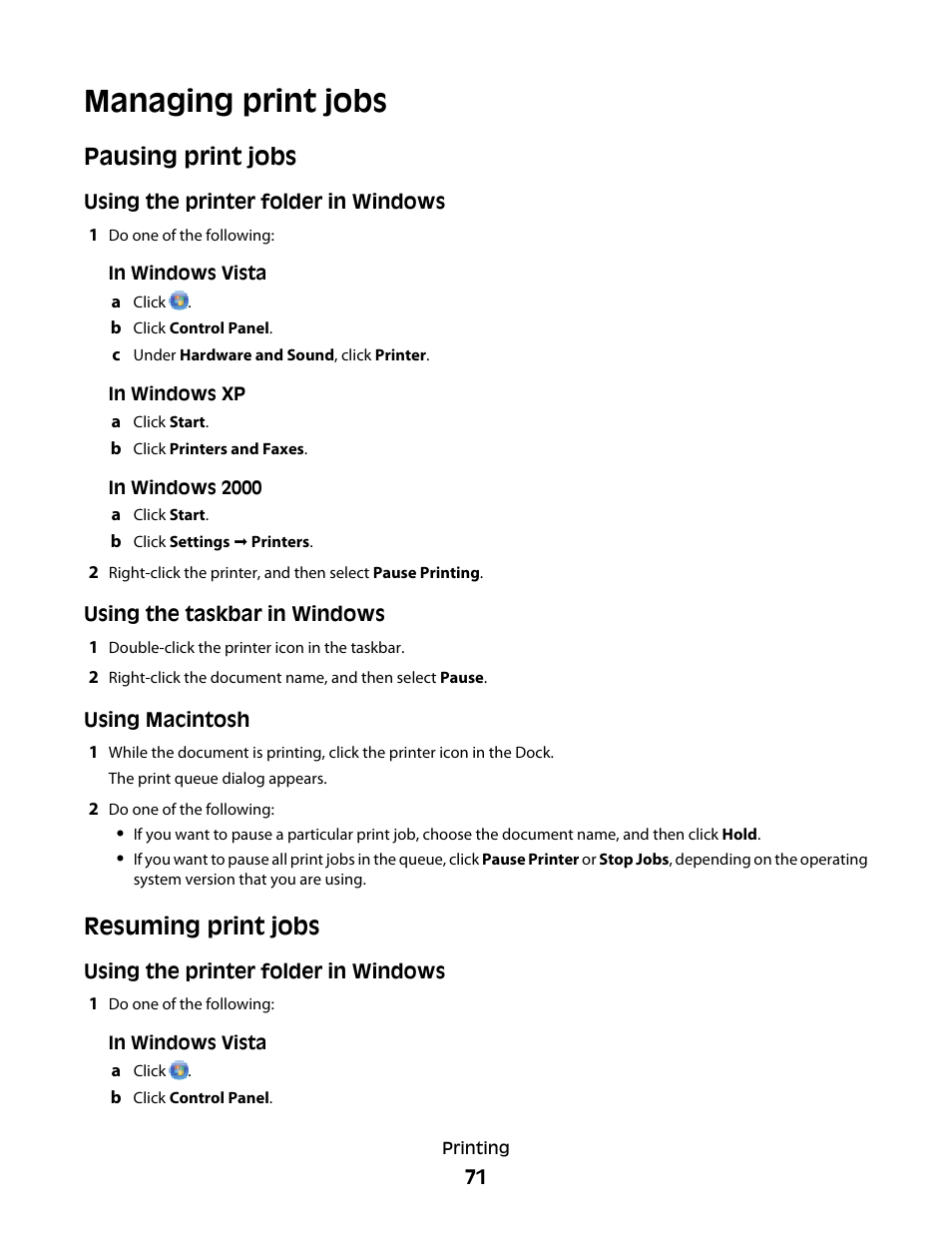 Managing print jobs, Pausing print jobs, Resuming print jobs | Pausing print jobs resuming print jobs | Lexmark 4900 Series User Manual | Page 71 / 149