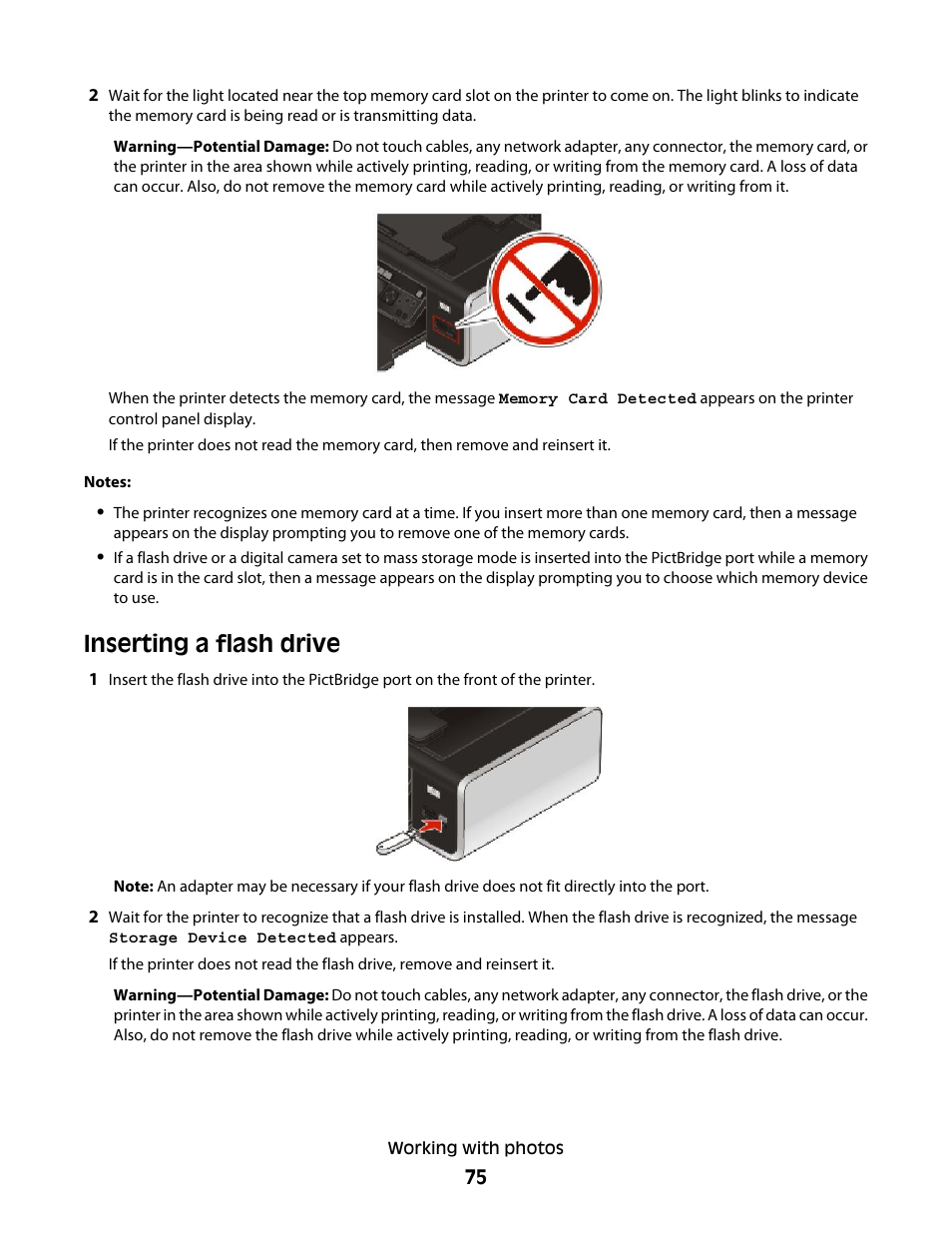 Inserting a flash drive | Lexmark 4900 Series User Manual | Page 75 / 149