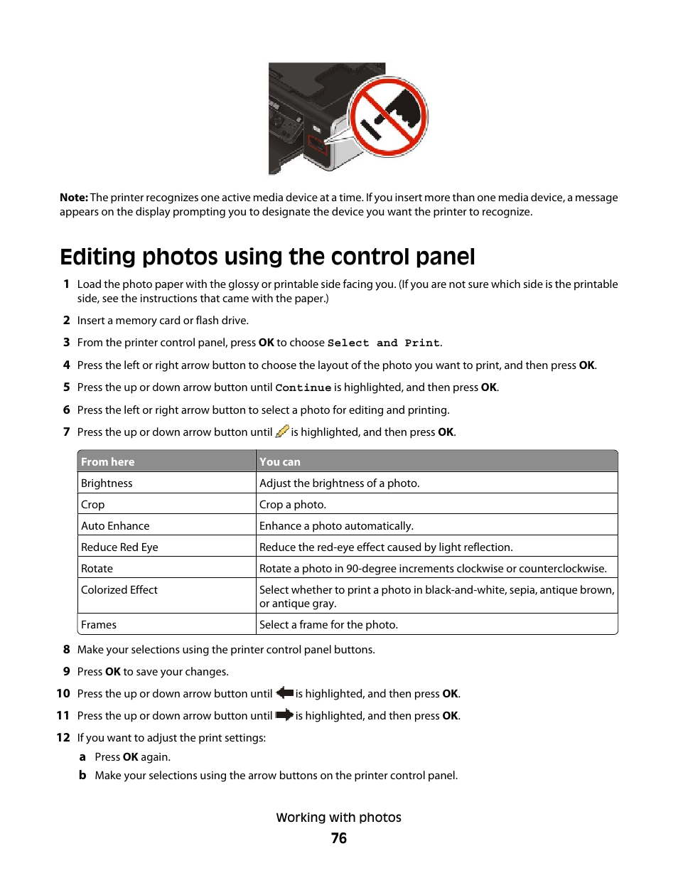 Editing photos using the control panel | Lexmark 4900 Series User Manual | Page 76 / 149