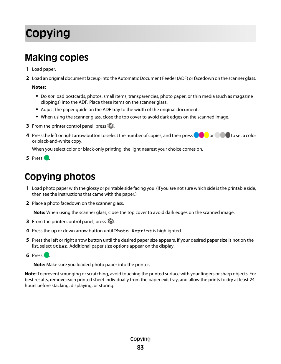 Copying, Making copies, Copying photos | Making copies copying photos | Lexmark 4900 Series User Manual | Page 83 / 149