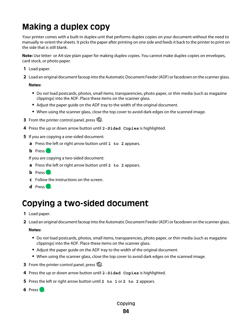 Making a duplex copy, Copying a two-sided document, Making a duplex copy copying a two-sided document | Lexmark 4900 Series User Manual | Page 84 / 149