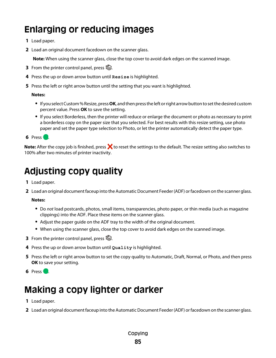 Enlarging or reducing images, Adjusting copy quality, Making a copy lighter or darker | Lexmark 4900 Series User Manual | Page 85 / 149