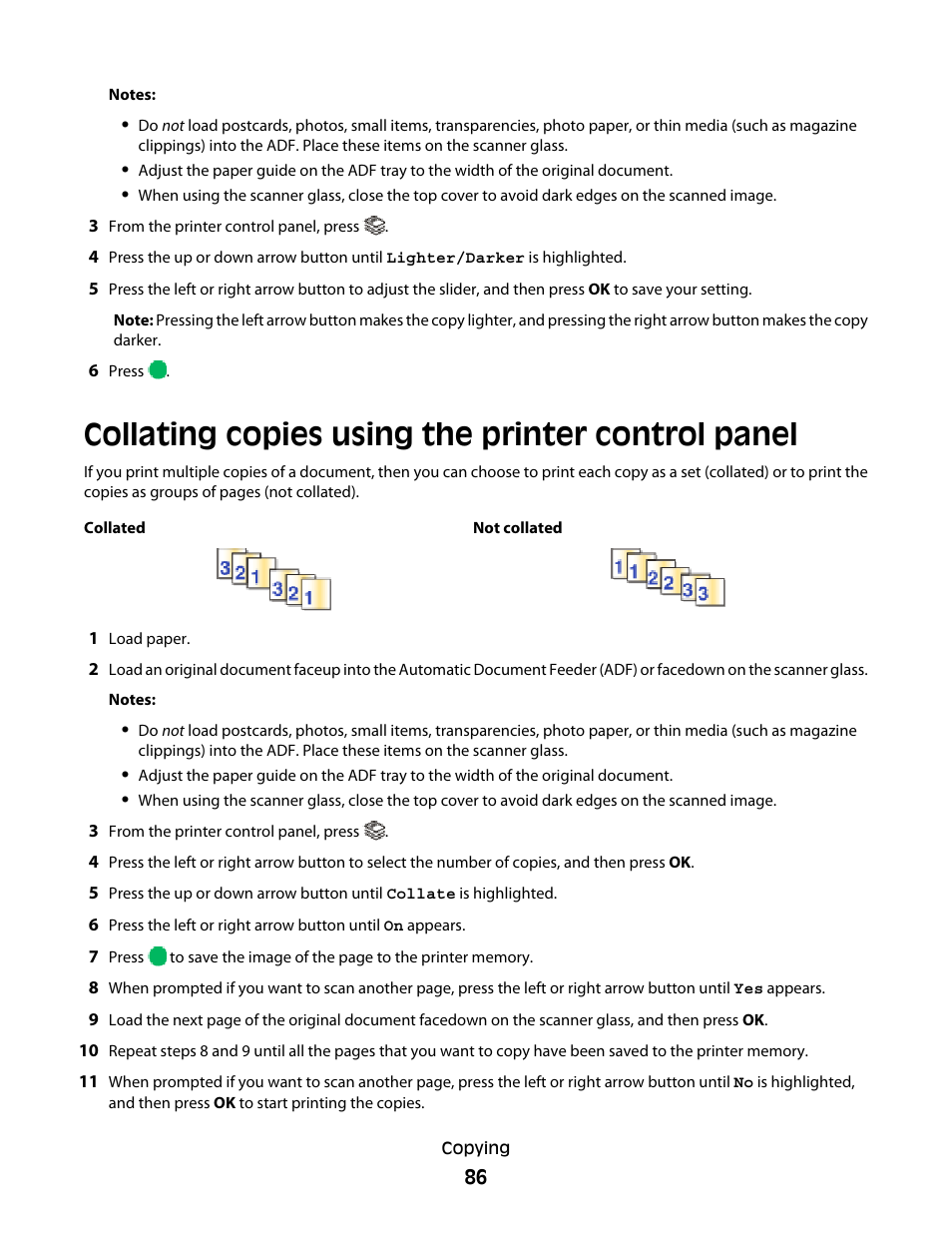 Collating copies using the printer control panel | Lexmark 4900 Series User Manual | Page 86 / 149