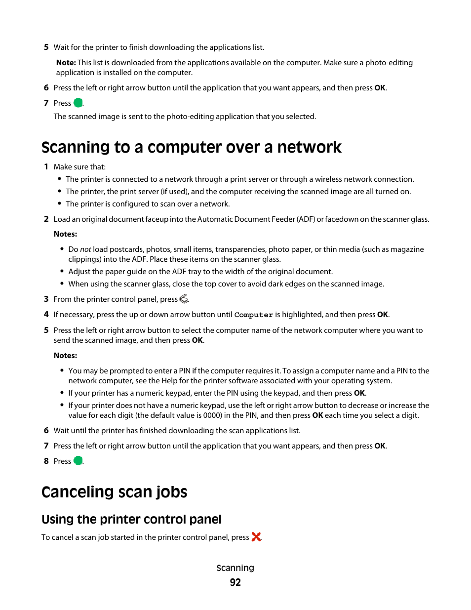 Scanning to a computer over a network, Canceling scan jobs, Using the printer control panel | Lexmark 4900 Series User Manual | Page 92 / 149