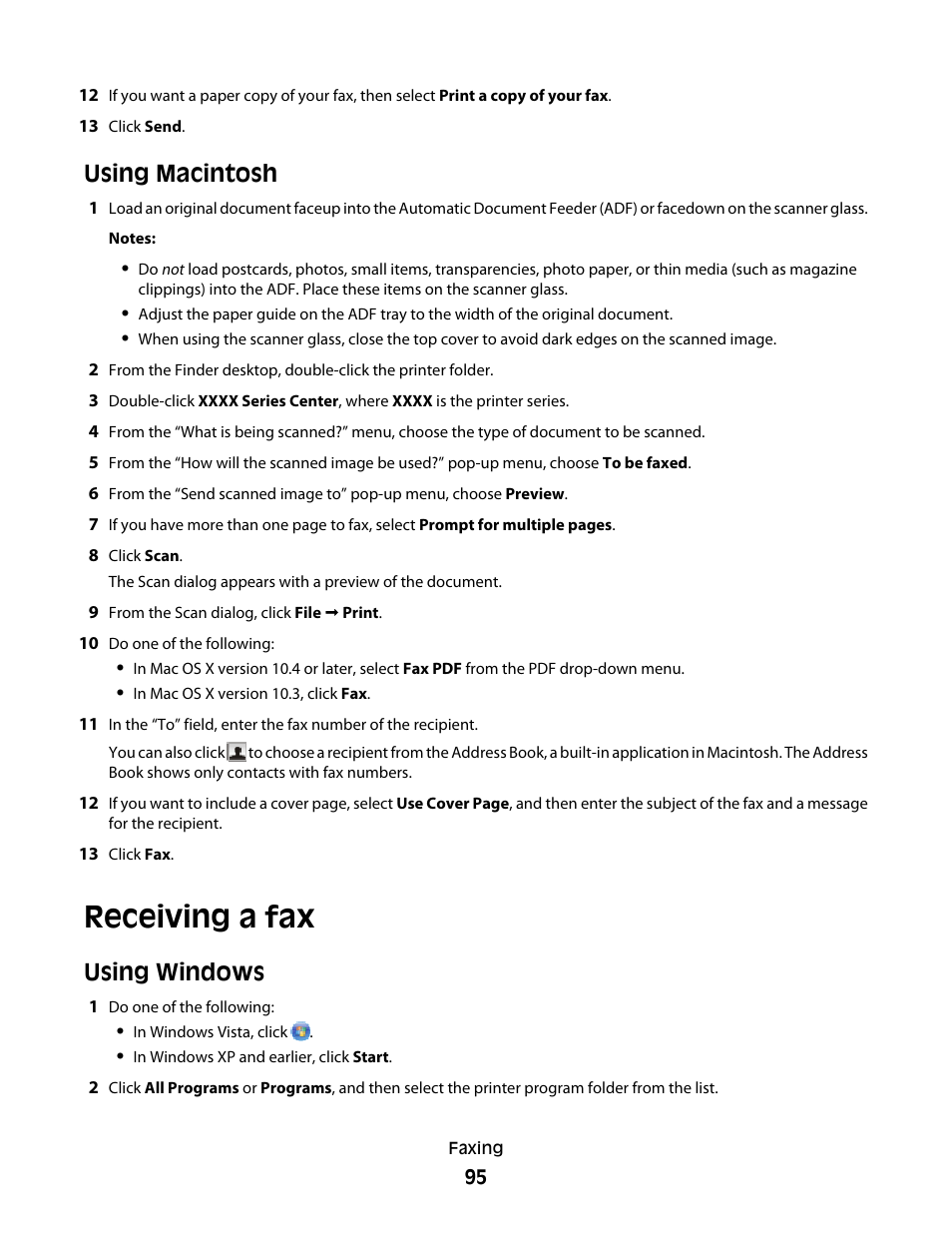 Receiving a fax, Using macintosh, Using windows | Lexmark 4900 Series User Manual | Page 95 / 149