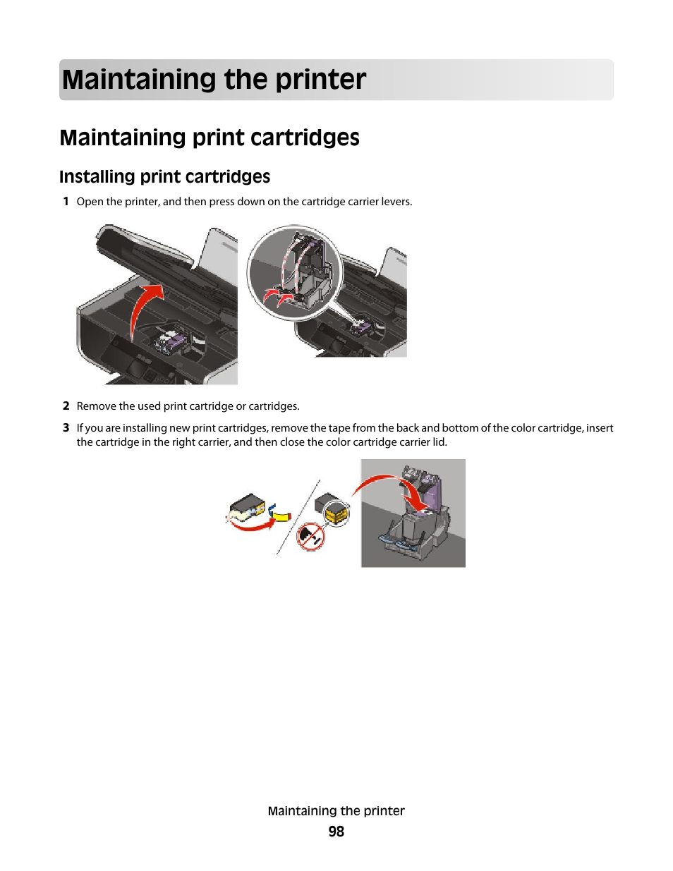 Maintaining the printer, Maintaining print cartridges, Installing print cartridges | Lexmark 4900 Series User Manual | Page 98 / 149