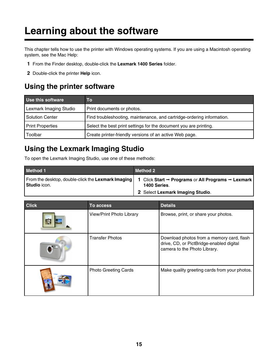 Learning about the software, Using the printer software, Using the lexmark imaging studio | Lexmark 1400 Series User Manual | Page 15 / 53