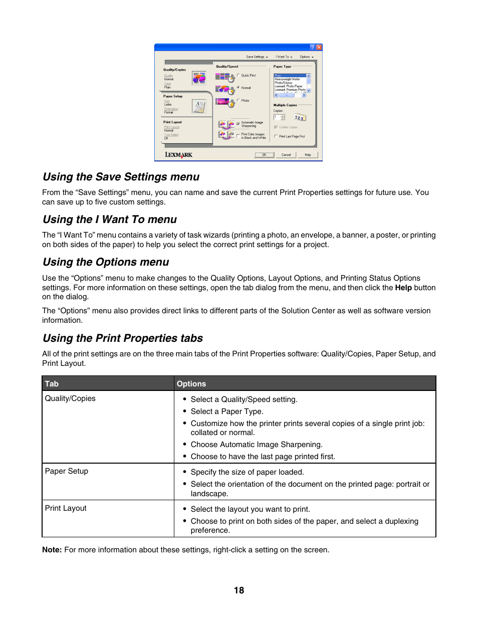 Using the save settings menu, Using the i want to menu, Using the options menu | Using the print properties tabs | Lexmark 1400 Series User Manual | Page 18 / 53